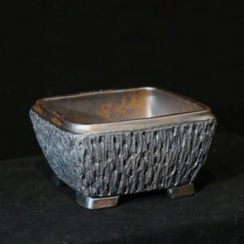7 inch (18cm) Square Wood-Fired Eroded Stone-Like Textured Unique Deep Bonsai Pot Corner View
