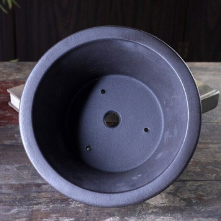 7 inch (19cm) Wide 3.7" (9.5cm) Deep Flared Round Dark Unglazed Semi Cascade Bonsai Pot Inside View