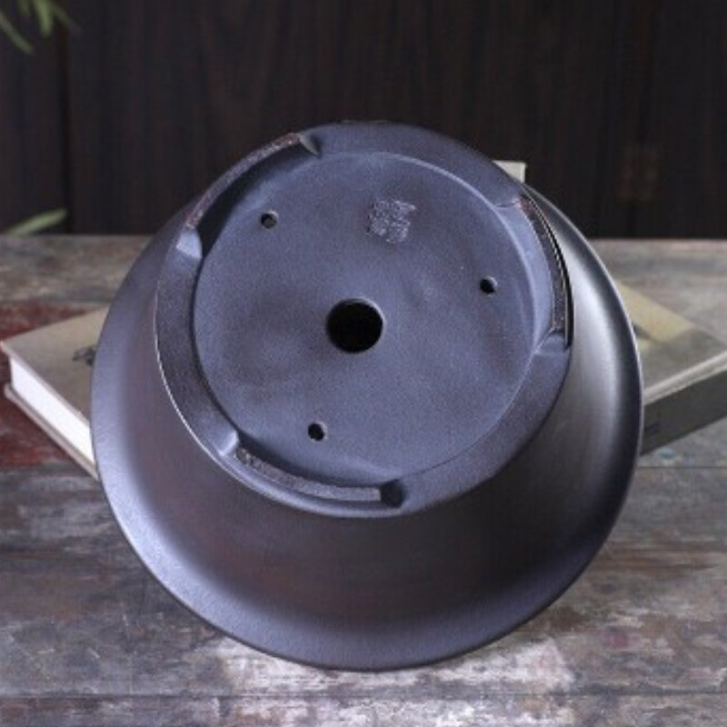 7 inch (19cm) Wide 3.7" (9.5cm) Deep Flared Round Dark Unglazed Semi Cascade Bonsai Pot Outside View