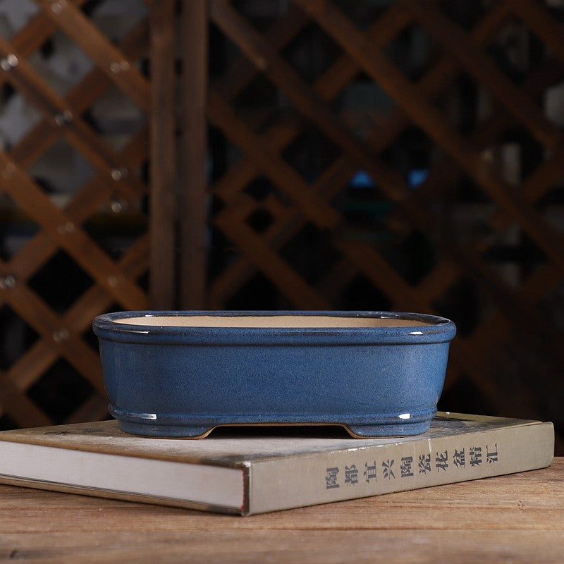 7 inch (20cm) Mid-Sized Rounder Corner Rectangular Blue Glazed Classic Bonsai Pot