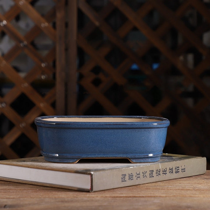 7 inch (20cm) Mid-Sized Rounder Corner Rectangular Blue Glazed Classic Bonsai Pot