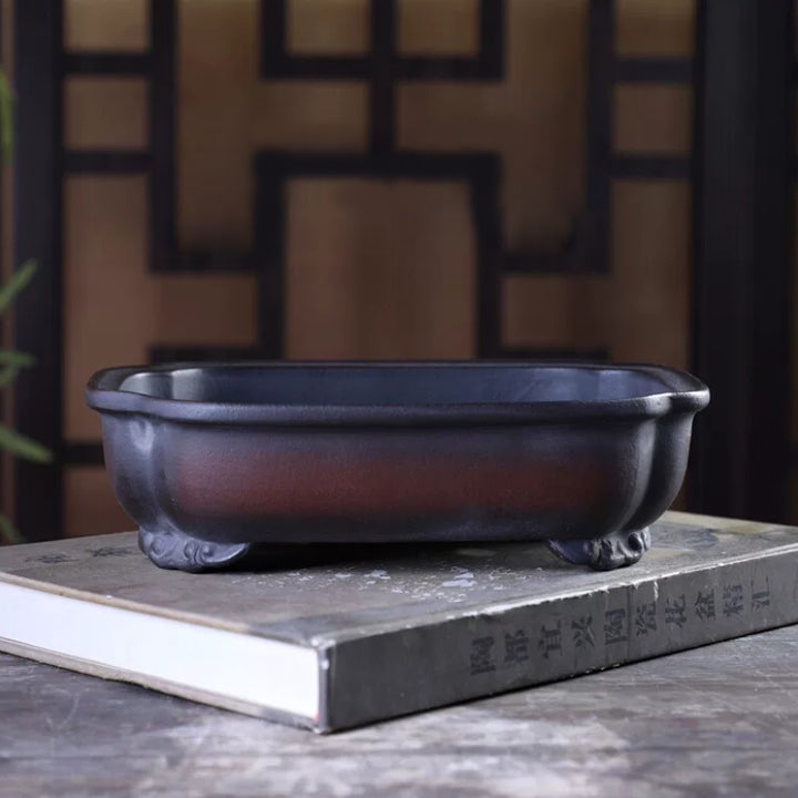 8.1 inch (20.8cm) Scalloped Corner Rectangular Unglazed Black-Brown Gradient Bonsai Pot
