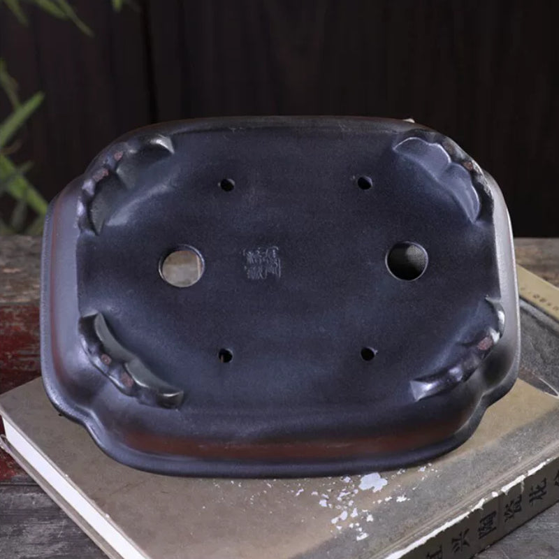 8.1 inch (20.8cm) Scalloped Corner Rectangular Unglazed Black-Brown Gradient Bonsai Pot Bottom Veiw