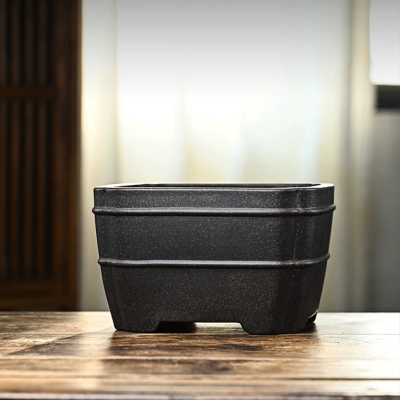 8.1 inch (20.8cm) Wide 4.7 inch (12cm) Deep Square Indented Corner Bonsai Pot w Raised Lines