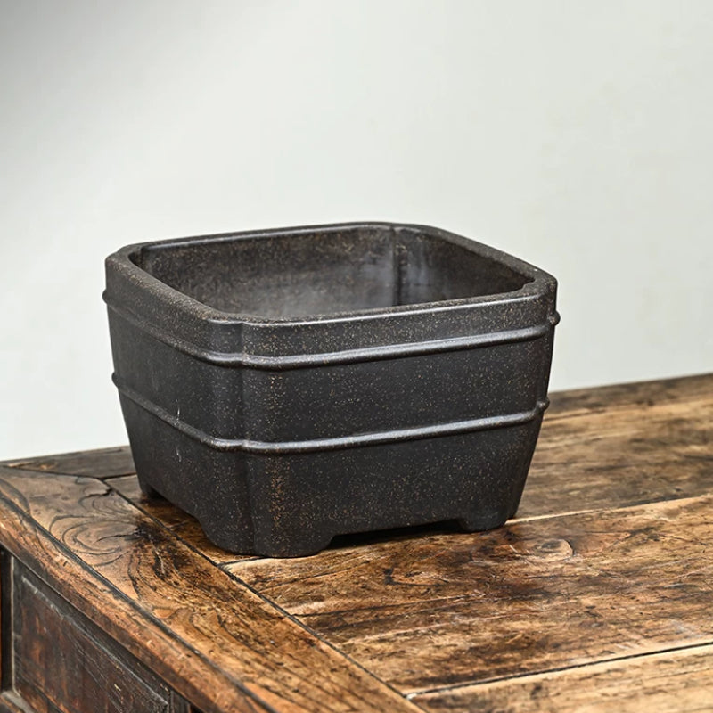 8.1 inch (20.8cm) Wide 4.7 inch (12cm) Deep Square Indented Corner Bonsai Pot w Raised Lines Top View