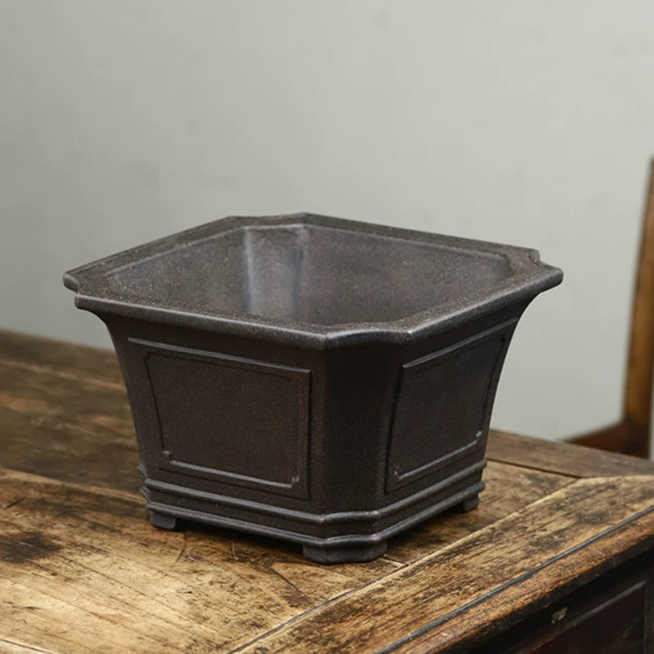 8.1 inch (20.8cm) Wide 5.4 inch (13.8cm) Deep Corner-Cut Square Black High-End Bonsai Pot Top View