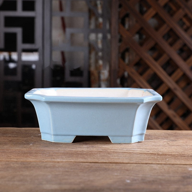 8.2" (21cm) Corner-Cut Flared Rectangular Glazed Traditional Bonsai Pots Sky Blue Color