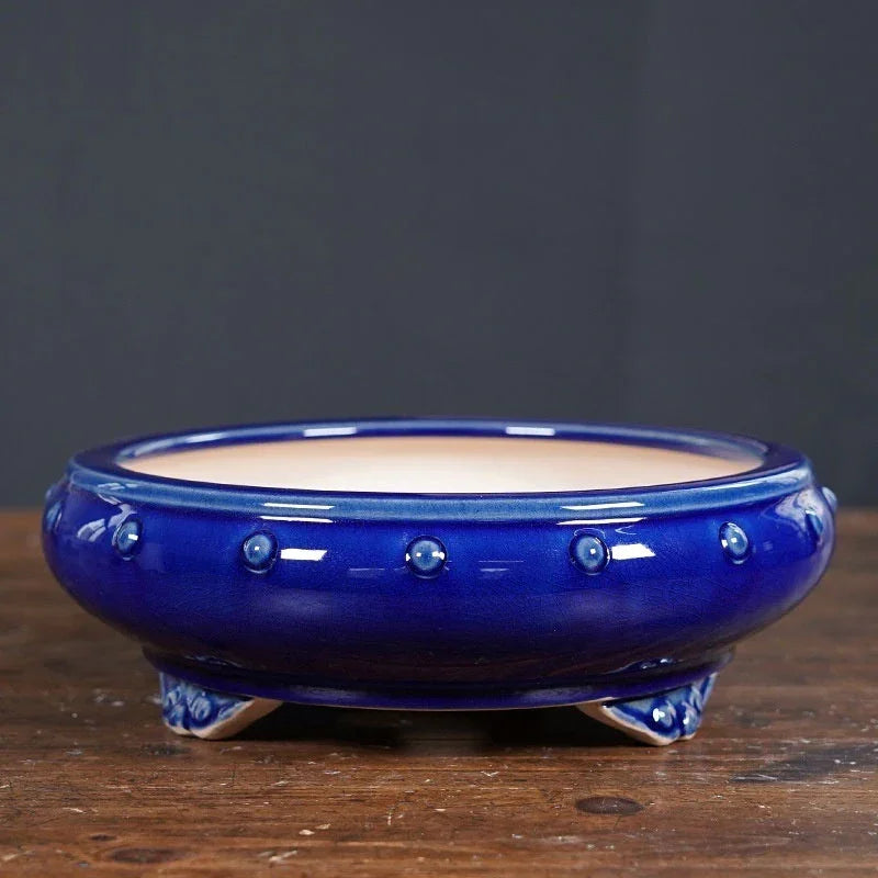 8.2" (21cm) Round Studded Cracked Glaze Drum Bonsai Pots Blue Color