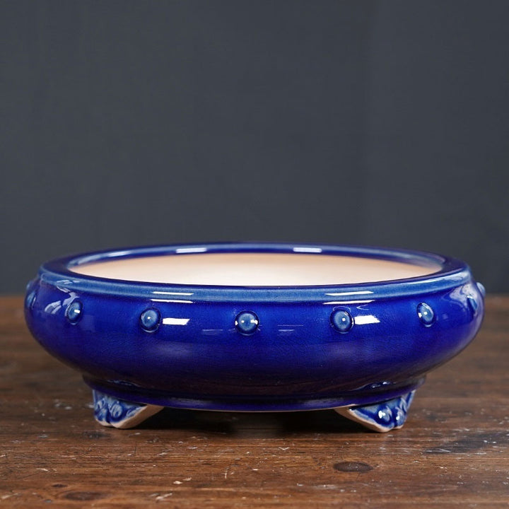 8.2" (21cm) Round Studded Cracked Glaze Drum Bonsai Pots Blue Color