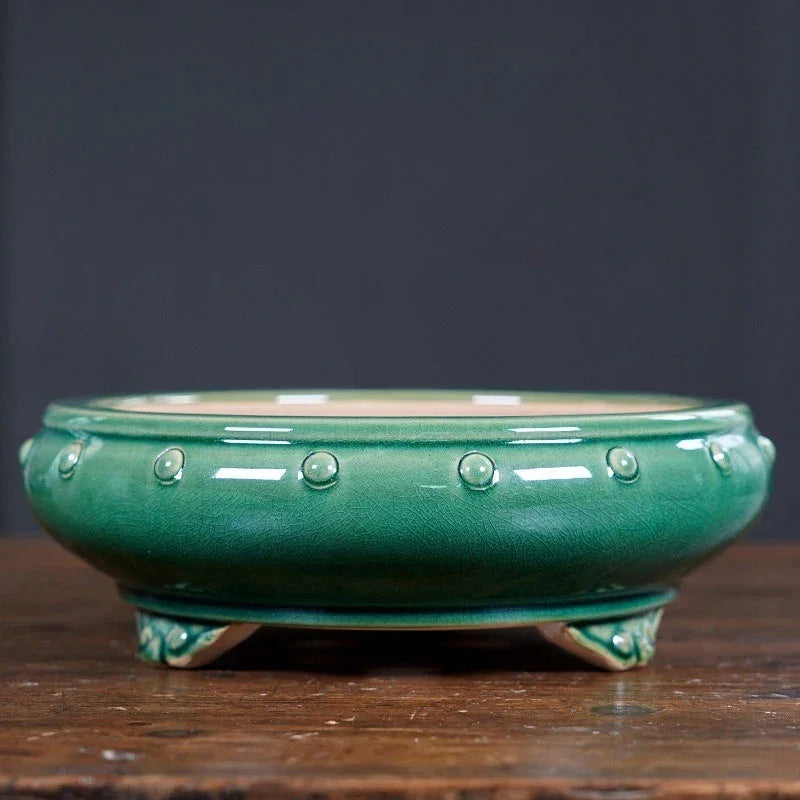 8.2" (21cm) Round Studded Cracked Glaze Drum Bonsai Pots Green Color