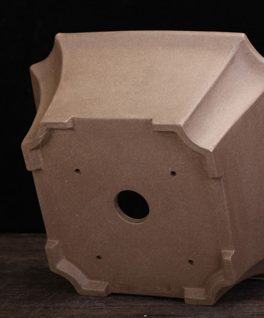 8.2" (21cm) Square Flared Corner-Cut Unglazed Bonsai Pot Bottom View