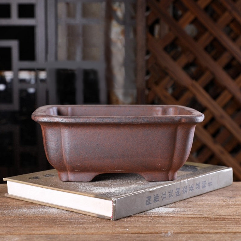 8.2 inch (21 cm) Scalloped Corner Rectangular Wood-Fired Unglazed Bonsai Pot