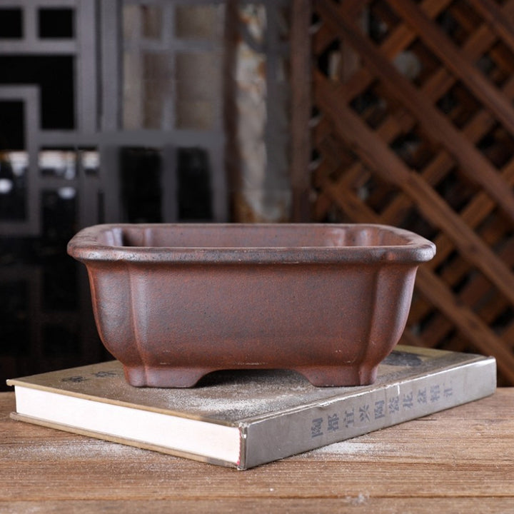 8.2 inch (21 cm) Scalloped Corner Rectangular Wood-Fired Unglazed Bonsai Pot