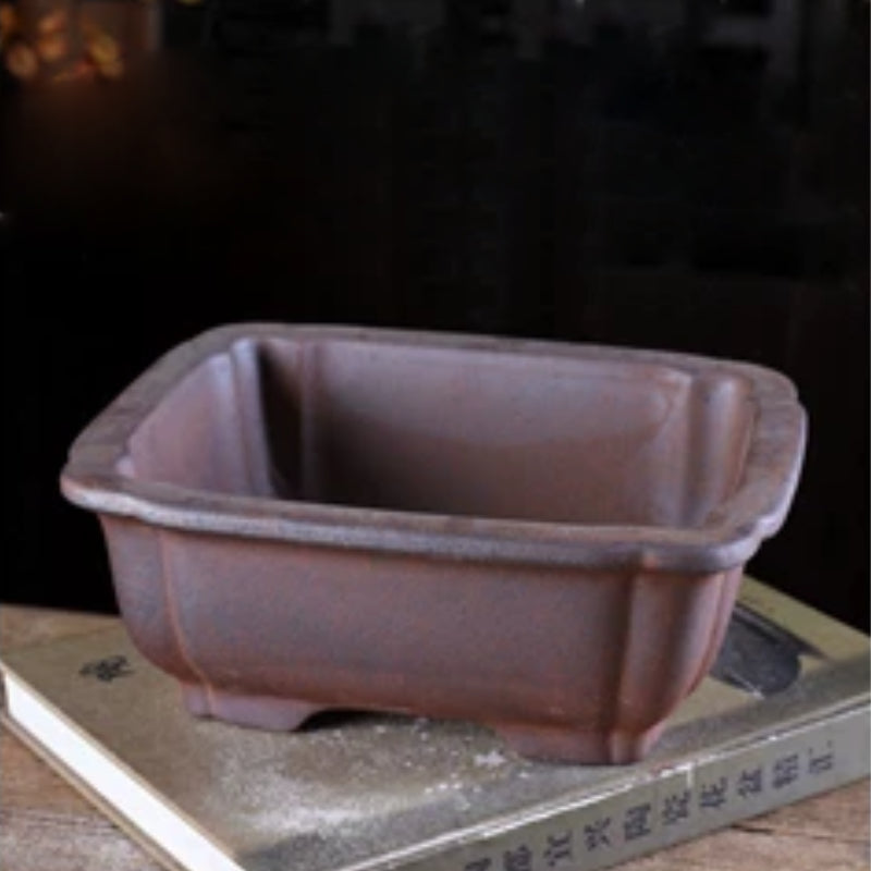8.2 inch (21 cm) Scalloped Corner Rectangular Wood-Fired Unglazed Bonsai Pot Corner View