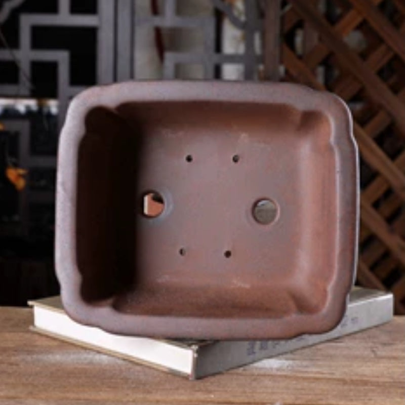 8.2 inch (21 cm) Scalloped Corner Rectangular Wood-Fired Unglazed Bonsai Pot Inner View