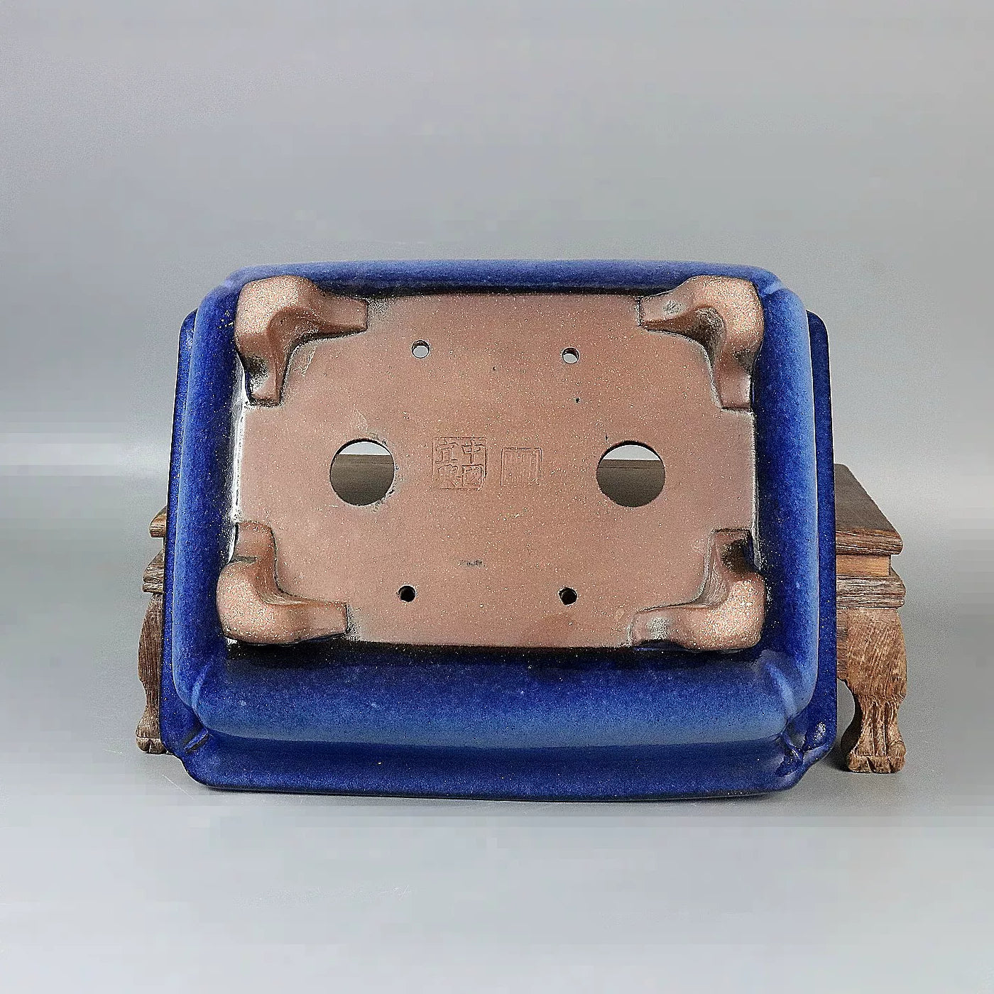 8.2 inch (21cm) Blue Multi-Tone Glazed Bulged Rectangular Bonsai Pot with Flared Rim Bottom View