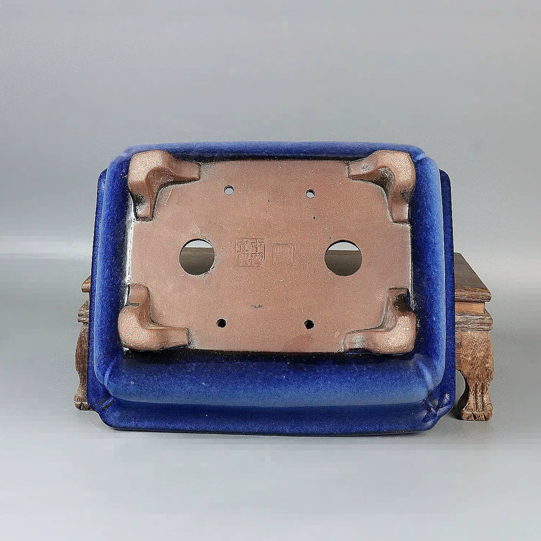 8.2 inch (21cm) Blue Multi-Tone Glazed Bulged Rectangular Bonsai Pot with Flared Rim Bottom View