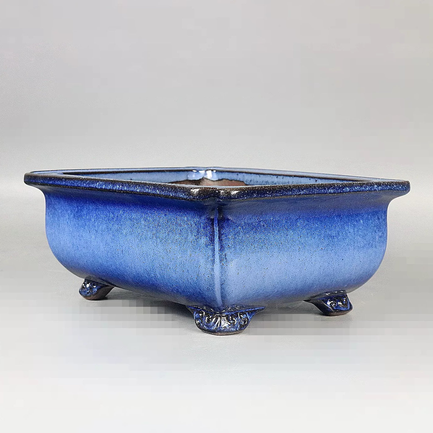 8.2 inch (21cm) Blue Multi-Tone Glazed Bulged Rectangular Bonsai Pot with Flared Rim Corner View
