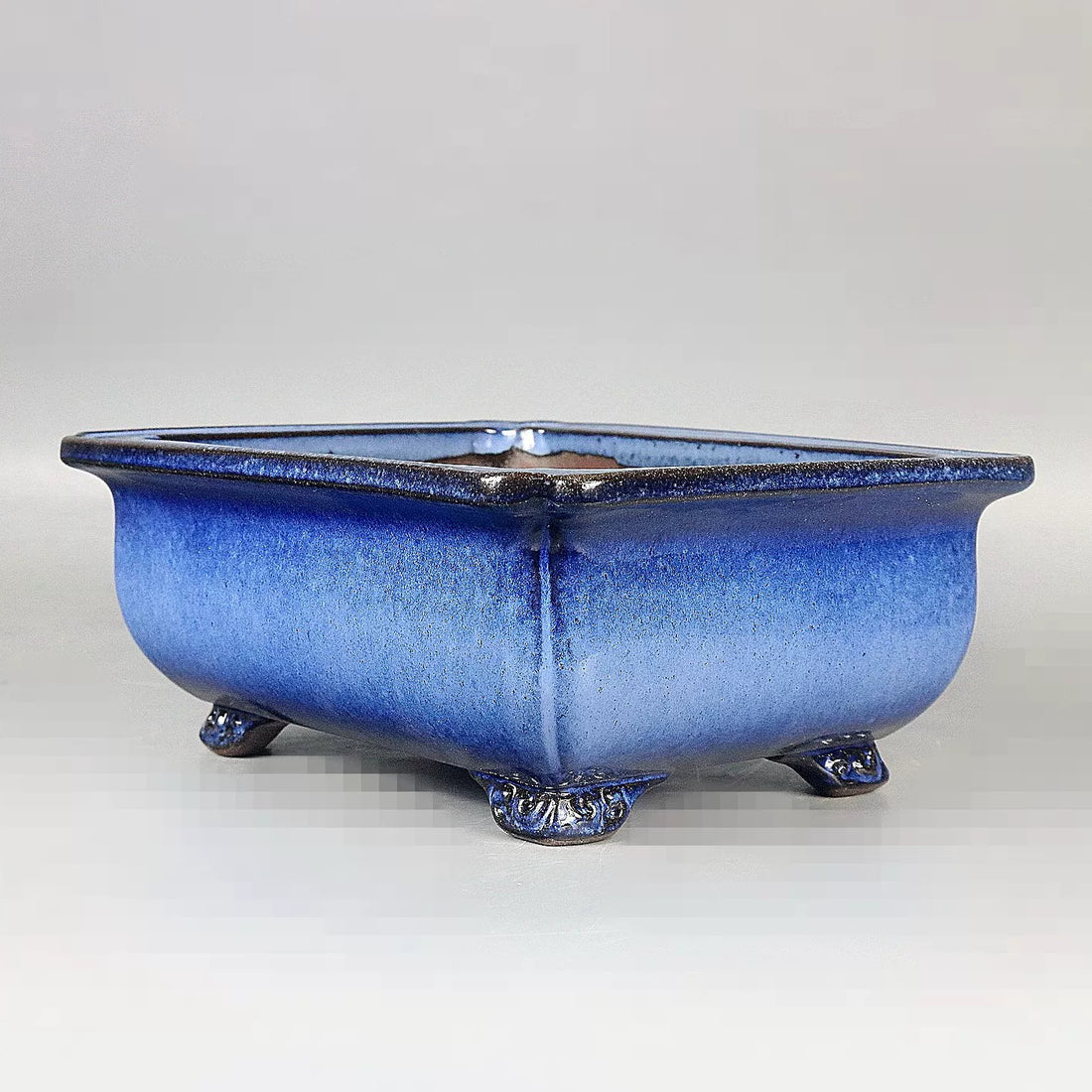 8.2 inch (21cm) Blue Multi-Tone Glazed Bulged Rectangular Bonsai Pot with Flared Rim Corner View