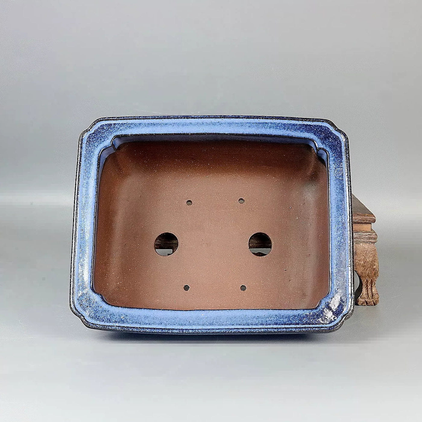 8.2 inch (21cm) Blue Multi-Tone Glazed Bulged Rectangular Bonsai Pot with Flared Rim Inner View