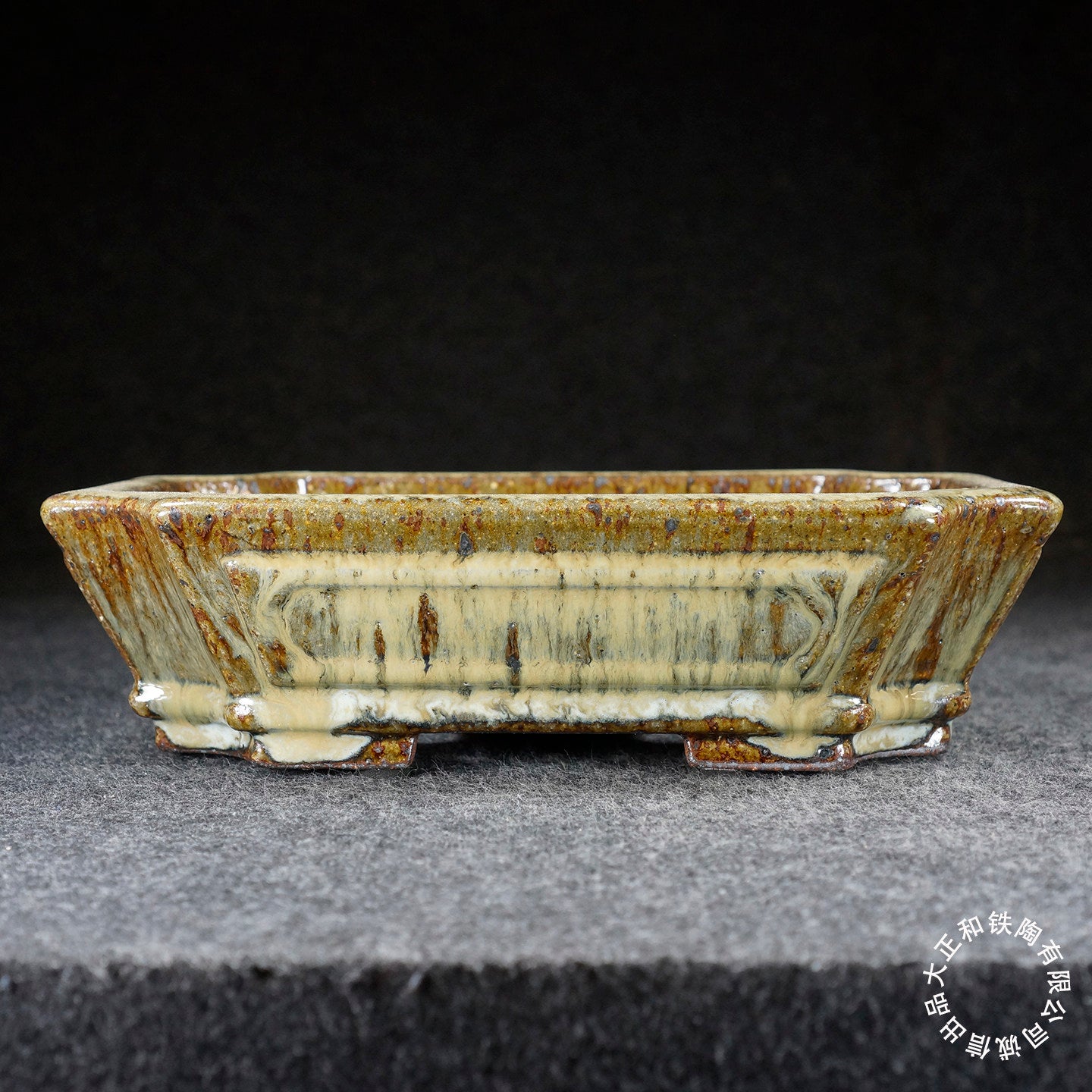 8.2 inch (21cm) Corner-Cut Flared Rectangular Cream-Brown Multi-Tone Dazhenghe Kiln Jun Glaze Bonsai Pot Side View