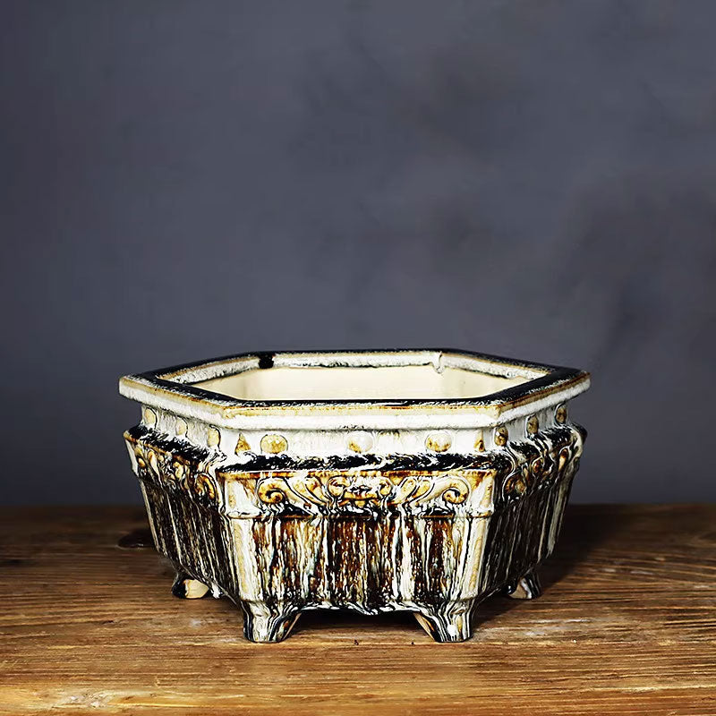 8.2 inch (21cm) Medium-Sized Exclusive Drip Glaze Hexagonal Bonsai Pots Black-White Drip Glaze Color