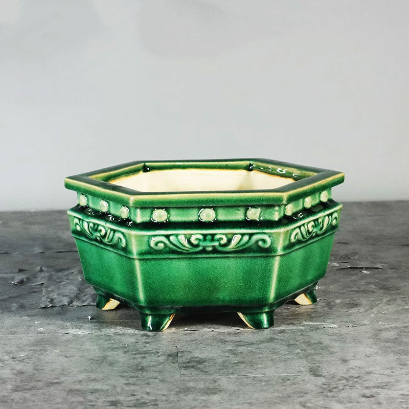 8.2 inch (21cm) Medium-Sized Exclusive Drip Glaze Hexagonal Bonsai Pots Green Solid Glaze Color