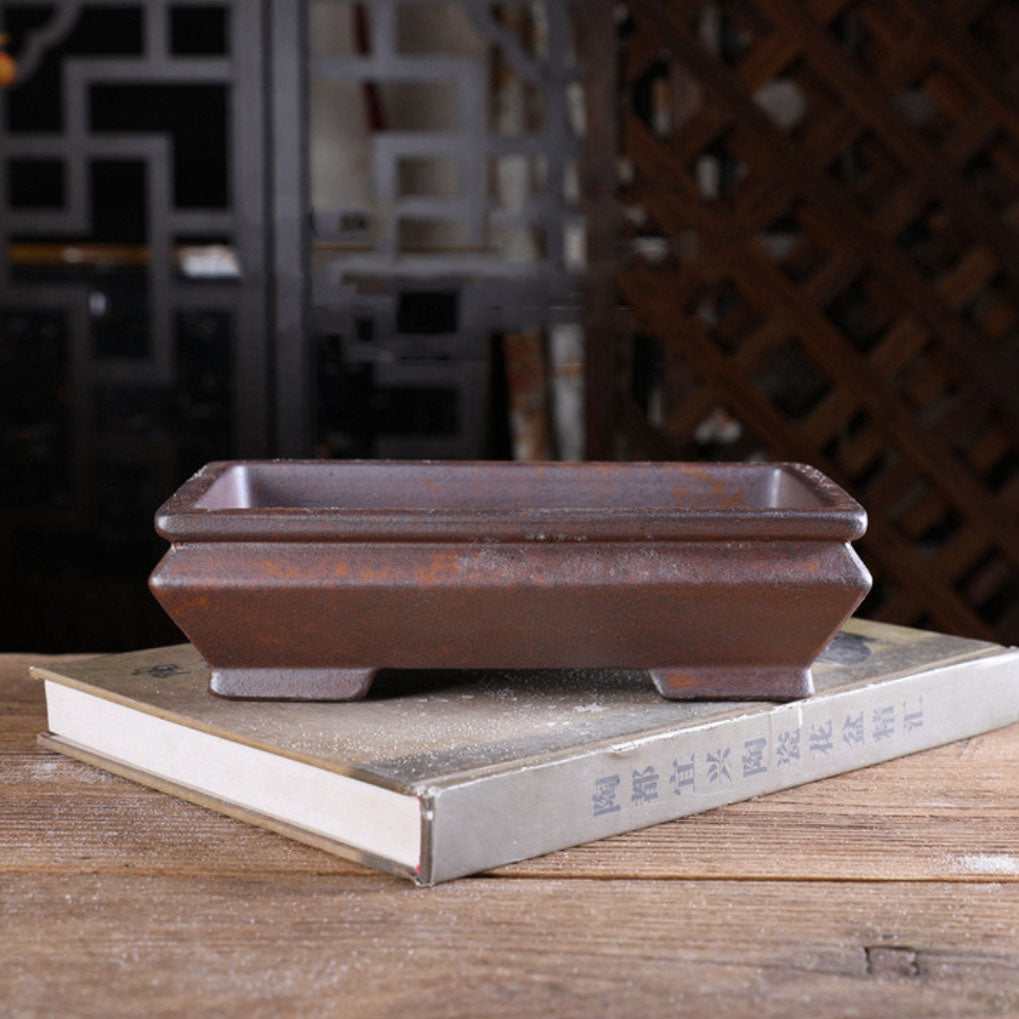 8.2 inch (21cm) Medium-Sized Rectangular Speckled Finish Bonsai Pot w Tapered Sides