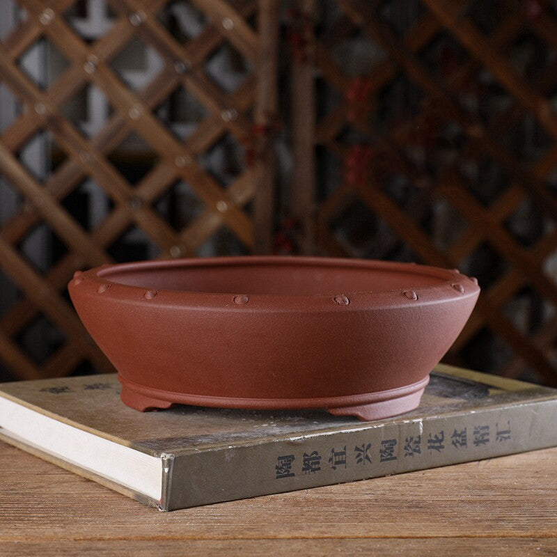8.2 inch (21cm) Mid-Sized Flared Studded Round Traditional Unglazed Bonsai Pot
