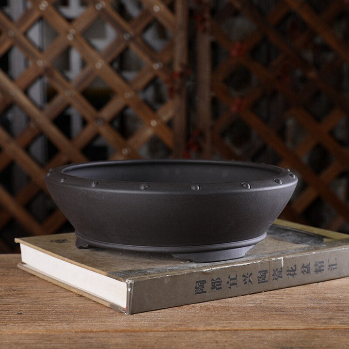 8.2 inch (21cm) Mid-Sized Flared Studded Round Traditional Unglazed Bonsai Pot