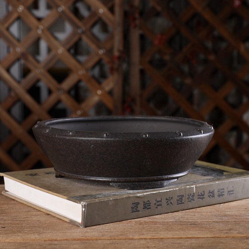 8.2 inch (21cm) Mid-Sized Flared Studded Round Traditional Unglazed Bonsai Pot