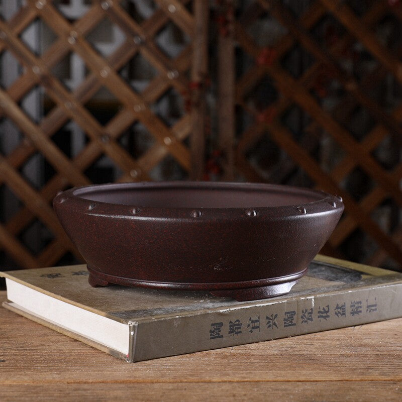 8.2 inch (21cm) Mid-Sized Flared Studded Round Traditional Unglazed Bonsai Pot