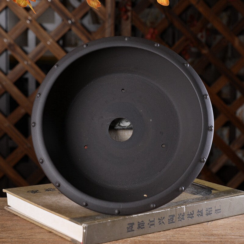 8.2 inch (21cm) Mid-Sized Flared Studded Round Traditional Unglazed Bonsai Pot Inner View