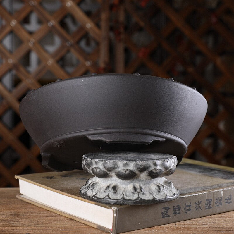8.2 inch (21cm) Mid-Sized Flared Studded Round Traditional Unglazed Bonsai Pot Side View