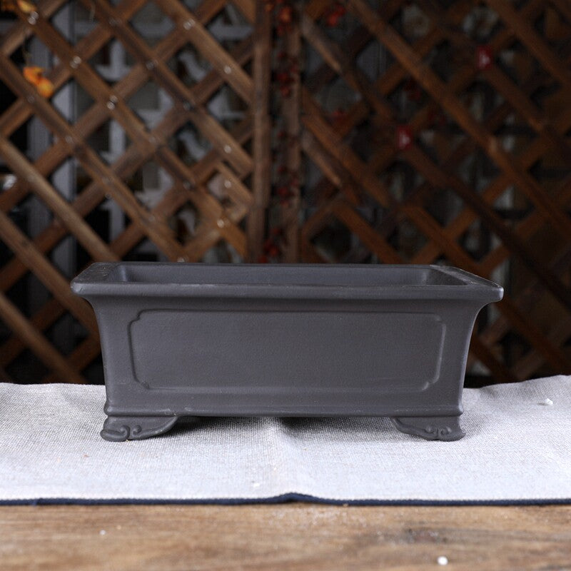 8.2 inch (21cm) Mid-Sized Traditional Rectangular Unglazed Raised Cloud Feet Bonsai Pot Black Color