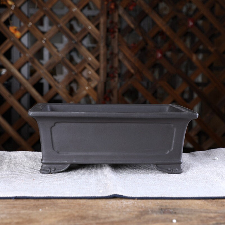 8.2 inch (21cm) Mid-Sized Traditional Rectangular Unglazed Raised Cloud Feet Bonsai Pot Black Color