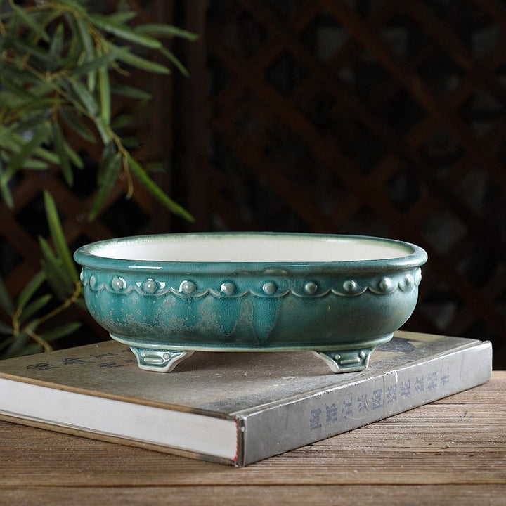8.2 inch (21cm) Oval Green Multi-Tone Glazed Decorative Bonsai Pot with Beaded Band