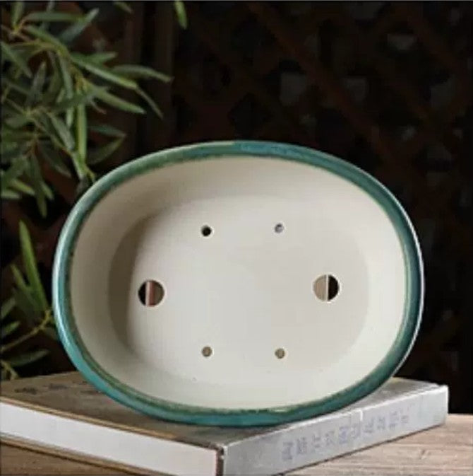8.2 inch (21cm) Oval Green Multi-Tone Glazed Decorative Bonsai Pot with Beaded Band Inner View