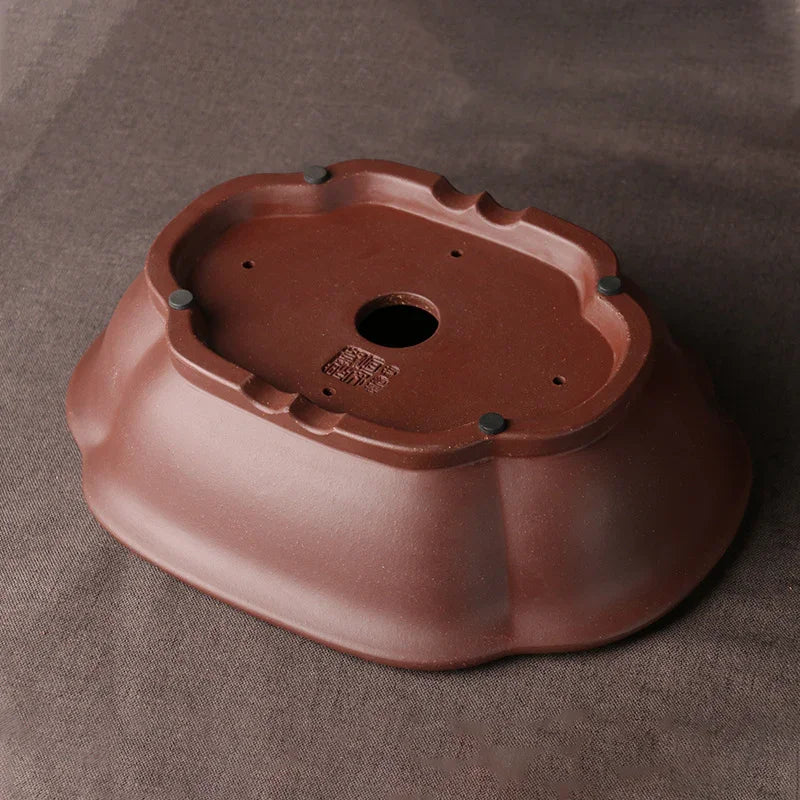 8.2 inch (21cm) Premium Unglazed Bonsai Pot w Scalloped Contours Bottom View