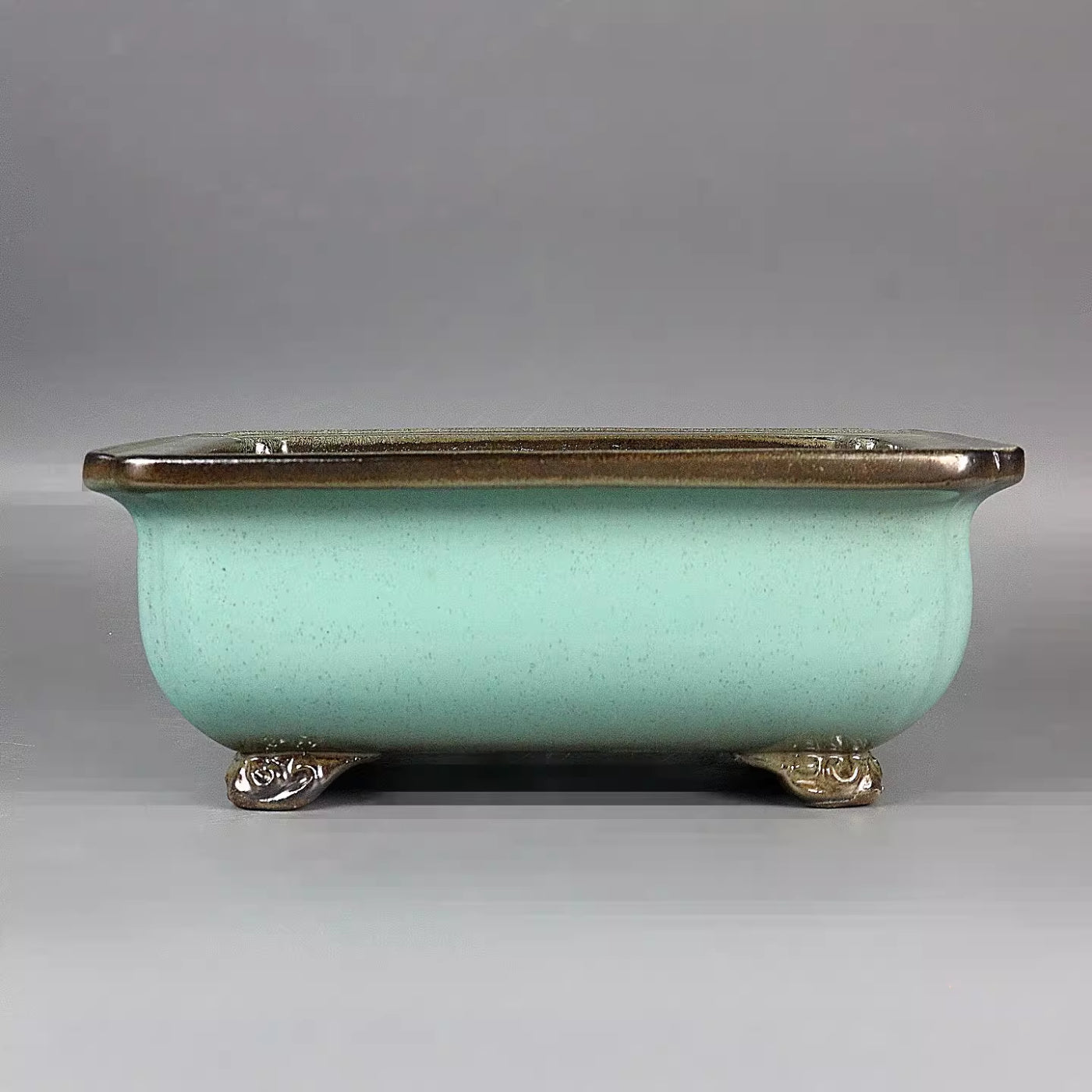 8.2 inch (21cm) Rectangle Elegant Green Glaze Brown Feet & Rim Classic Bonsai Pot