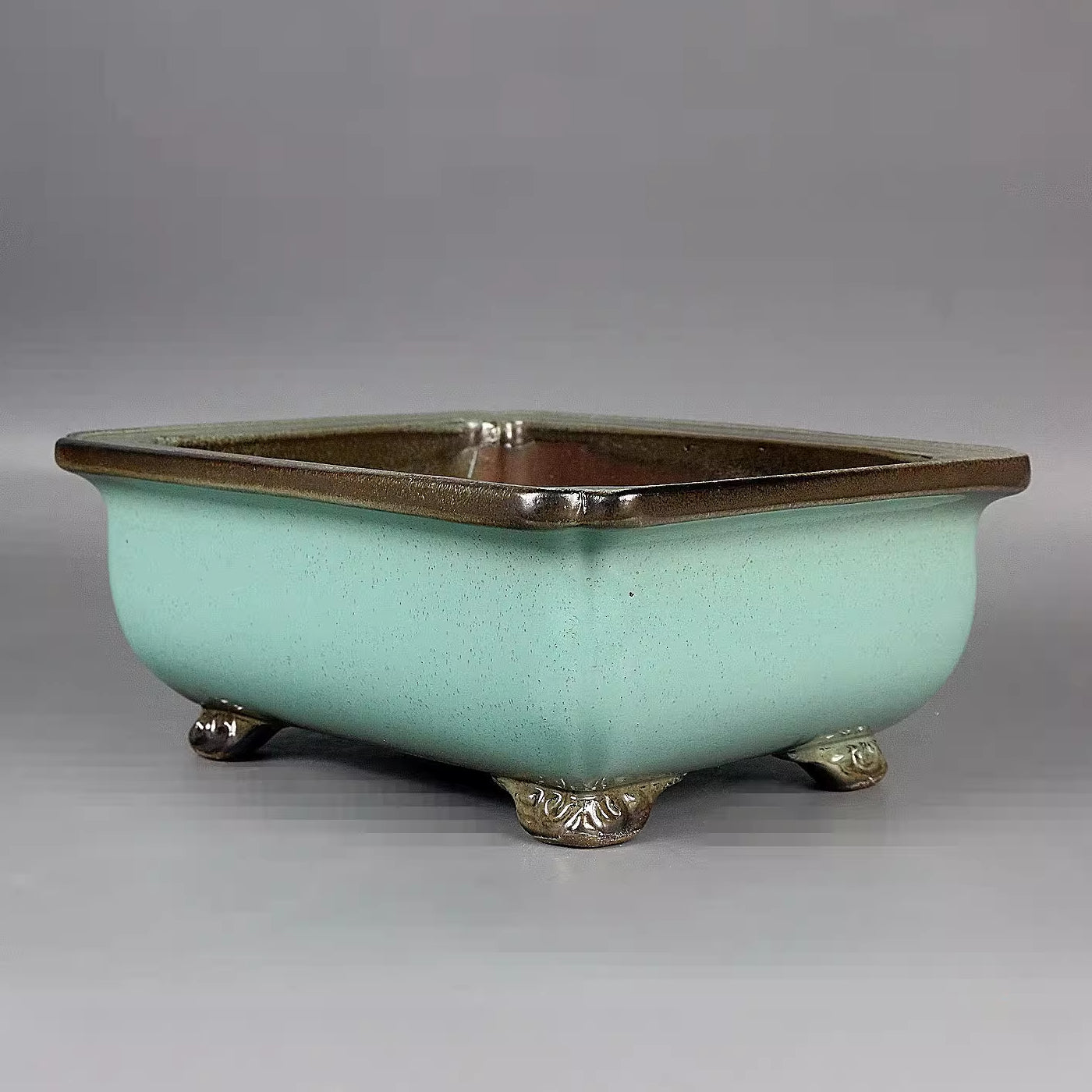 8.2 inch (21cm) Rectangle Elegant Green Glaze Brown Feet & Rim Classic Bonsai Pot Corner View