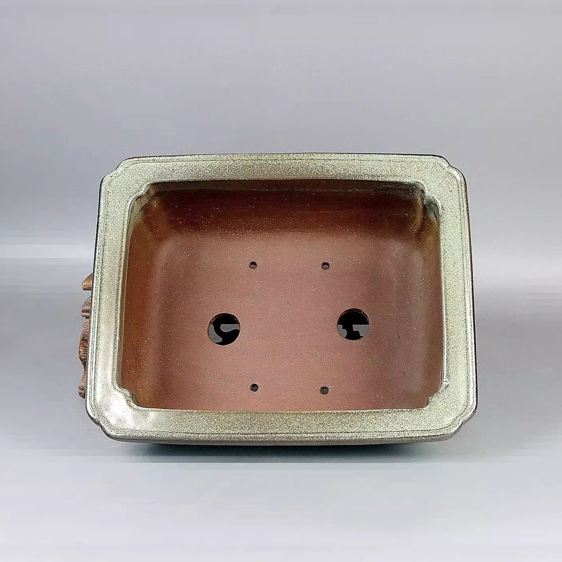 8.2 inch (21cm) Rectangle Elegant Green Glaze Brown Feet & Rim Classic Bonsai Pot Inner View