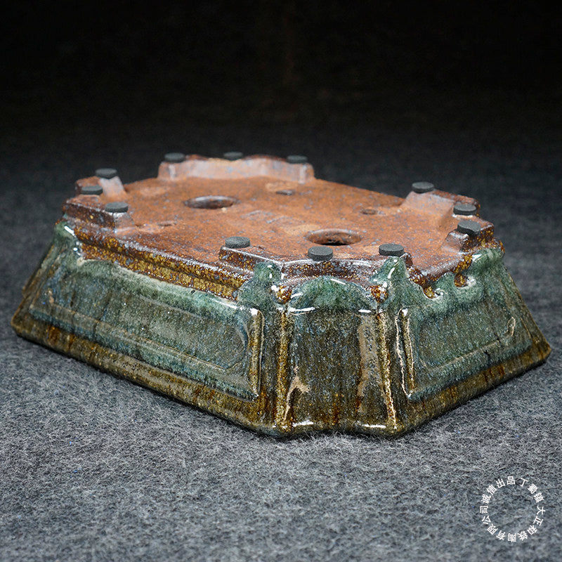 8.3 inch (21.3cm) Corner-Cut Flared Rectangular Multi-Color Dazhenghe Kiln Jun Glaze Bonsai Pot Bottom View