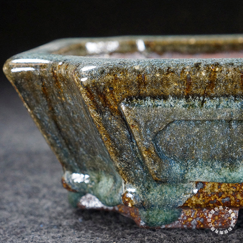 8.3 inch (21.3cm) Corner-Cut Flared Rectangular Multi-Color Dazhenghe Kiln Jun Glaze Bonsai Pot Close Shot