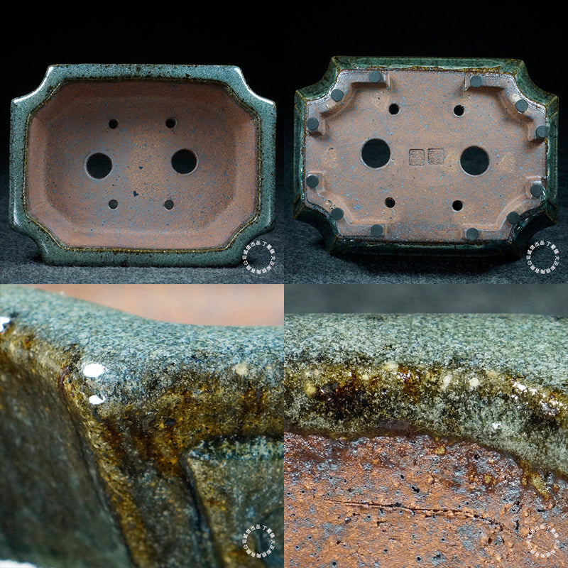 8.3 inch (21.3cm) Corner-Cut Flared Rectangular Multi-Color Dazhenghe Kiln Jun Glaze Bonsai Pot Inner and Bottom View