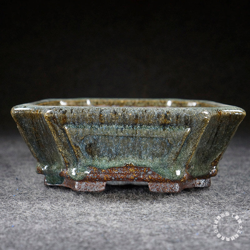 8.3 inch (21.3cm) Corner-Cut Flared Rectangular Multi-Color Dazhenghe Kiln Jun Glaze Bonsai Pot Side View