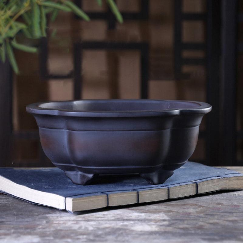 8.3 inch (21cm) Lotus-Shaped Antique-Style Black-Brown Gradient Unglazed Bonsai Pot