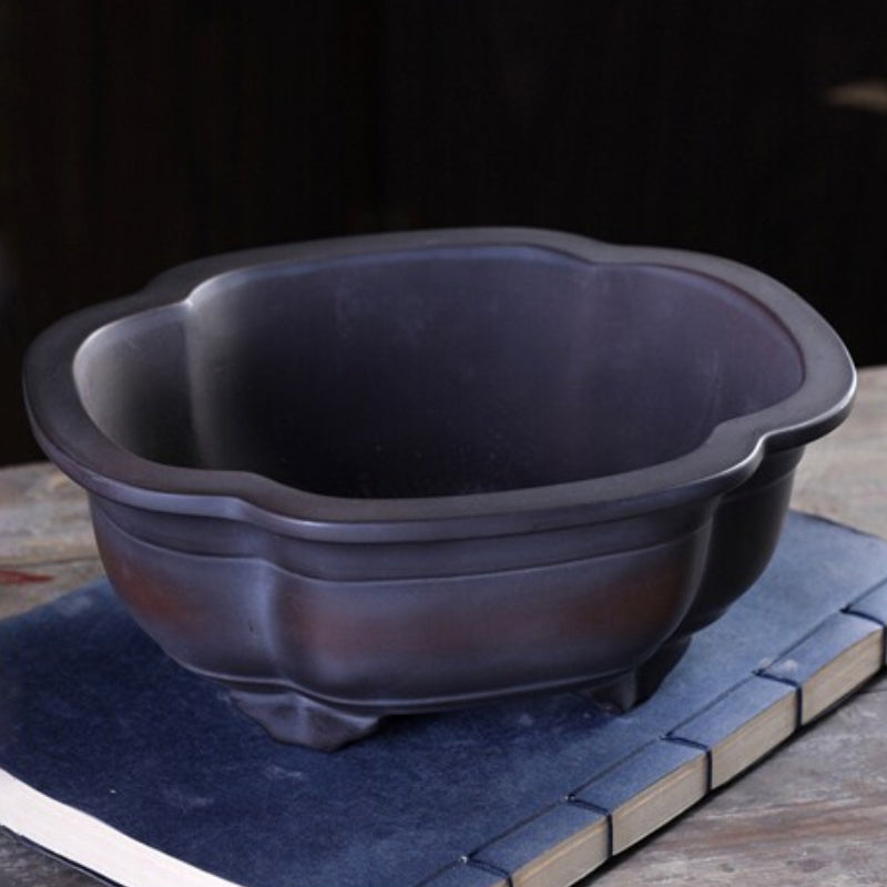 8.3 inch (21cm) Lotus-Shaped Antique-Style Black-Brown Gradient Unglazed Bonsai Pot Corner View