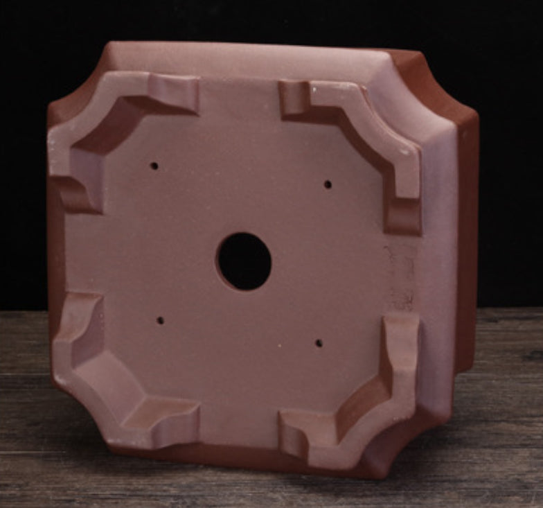8.3 inch (21cm) Wide 4 inch (10.8cm) Deep Waisted Square Corner-Cut Semi-Cascade Bonsai Pot Bottom View