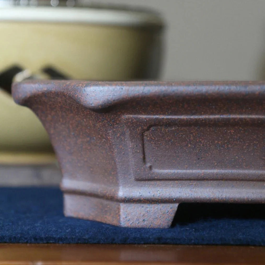 8.4" (21.5cm) Rectangular Rustic Finish Handmade Bonsai Pot Close Shot